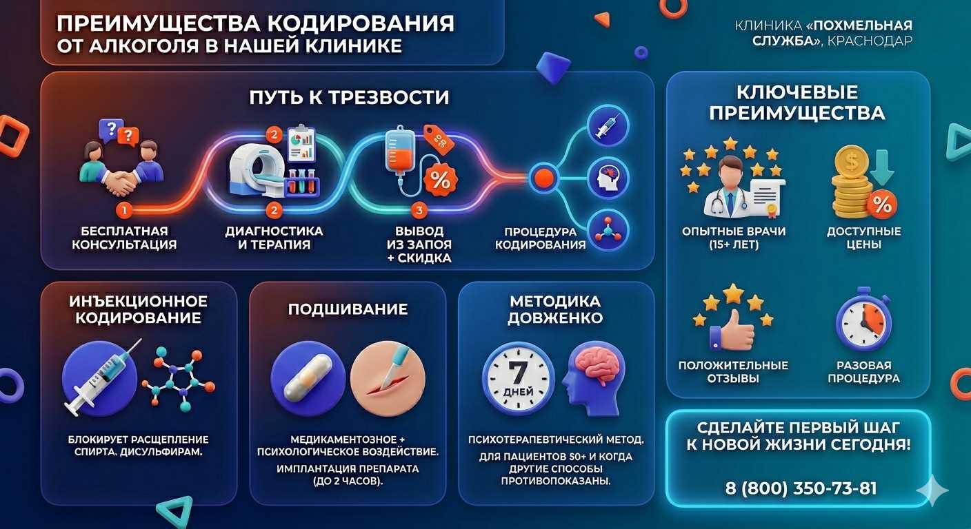 Инфографика о методах кодирования от алкоголя в Гвардейском: инъекции, подшивание, метод Довженко. Преимущества клиники и этапы лечения.