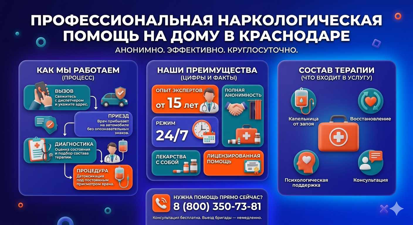 Инфографика о принципах лечения алкоголизма на дому в Гвардейском: этапы вызова нарколога, преимущества анонимной детоксикации и состав медицинской помощи.
